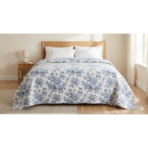 Shabby chic Blue White Floral Toile Quilt Bedspread French Country Cottagecore